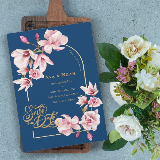 Navy Blue Blush Pink Magnolia Floral Save the Date Kaart