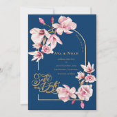 Navy Blue Blush Pink Magnolia Floral Save the Date Kaart (Voorkant)