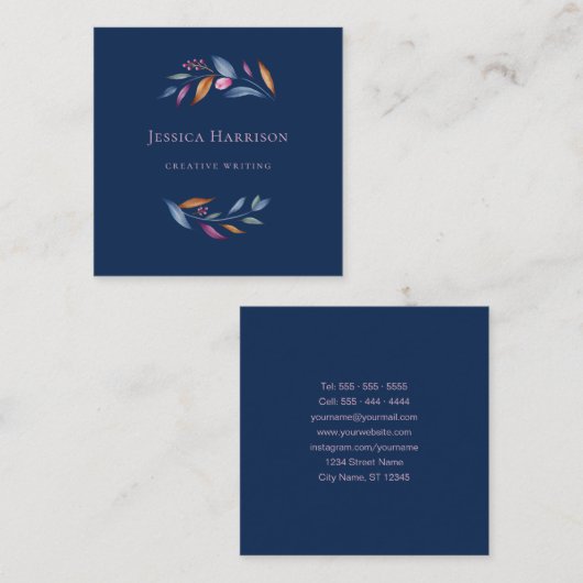Navy Blue Blush Pink Minimalist Floral Waterverf Vierkante Visitekaartje (Voorkant / Achterkant)