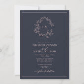 Navy Blue Blush Pink Monogram Foto Weddenschap Kaart (Voorkant)
