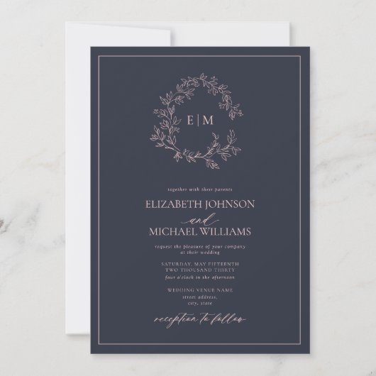 Navy Blue Blush Pink Monogram Foto Weddenschap Kaart (Voorkant)