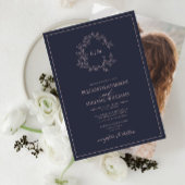 Navy Blue Blush Pink Monogram Foto Weddenschap Kaart