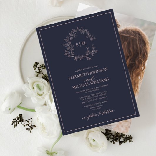 Navy Blue Blush Pink Monogram Foto Weddenschap Kaart