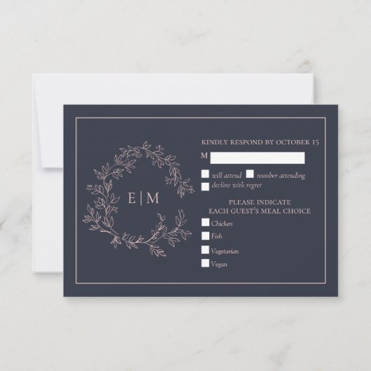 Navy Blue Blush Pink Monogram Weddenschap RSVP-kaa RSVP Kaartje (Achterkant)