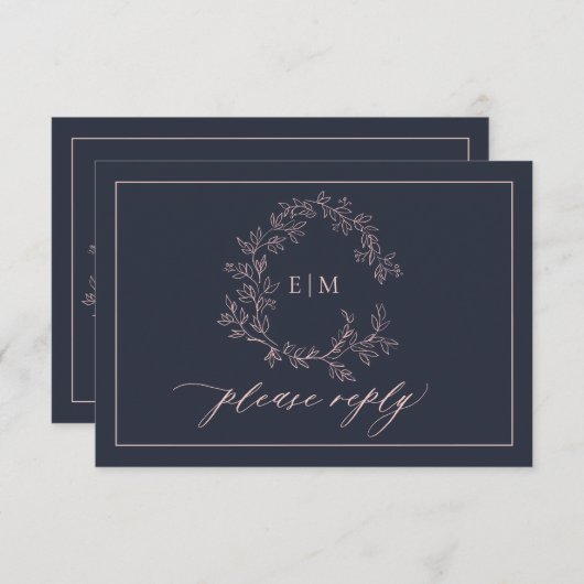 Navy Blue Blush Pink Monogram Weddenschap RSVP-kaa RSVP Kaartje (Voorkant / Achterkant)