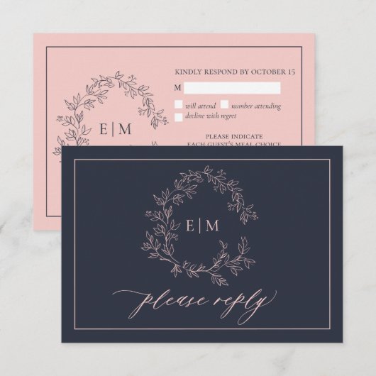 Navy Blue Blush Pink Monogram Weddenschap RSVP-kaa RSVP Kaartje (Voorkant / Achterkant)