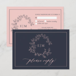 Navy Blue Blush Pink Monogram Weddenschap RSVP-kaa RSVP Kaartje