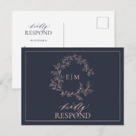 Navy Blue Blush Pink Monogram Weddenschap RSVP Uitnodiging Briefkaart