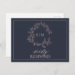 Navy Blue Blush Pink Monogram Weddenschap RSVP Uitnodiging Briefkaart