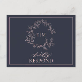 Navy Blue Blush Pink Monogram Weddenschap RSVP Uitnodiging Briefkaart