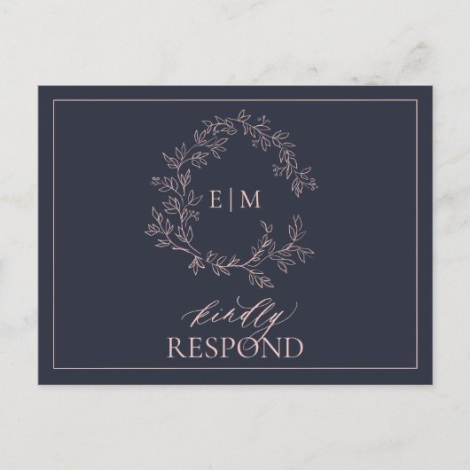 Navy Blue Blush Pink Monogram Weddenschap RSVP Uitnodiging Briefkaart (Voorkant)