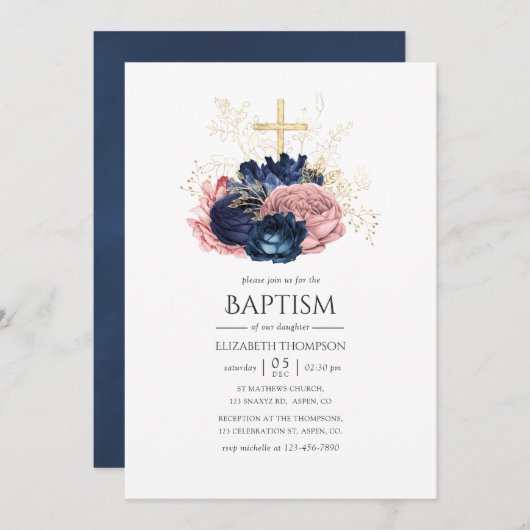 Navy Blue & Blush Pink  Roos Baptisme Kaart (Voorkant / Achterkant)