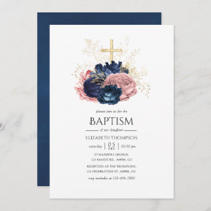 Navy Blue & Blush Pink Roos Baptisme Kaart