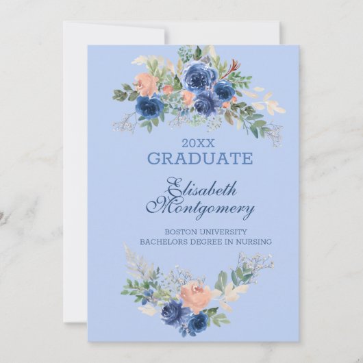 Navy Blue Blush Pink Rose Boho Afstuderen Aankondiging (Voorkant)