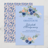 Navy Blue Blush Pink Rose Boho Afstuderen Aankondiging (Voorkant / Achterkant)