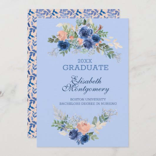 Navy Blue Blush Pink Rose Boho Afstuderen Aankondiging (Voorkant / Achterkant)