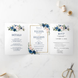 Navy Blue Blush Pink Rose Boho Geometric Wedding Drieluik Aankondiging