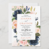 Navy Blue Blush Pink Rose Boho Geometric Wedding Kaart (Voorkant)