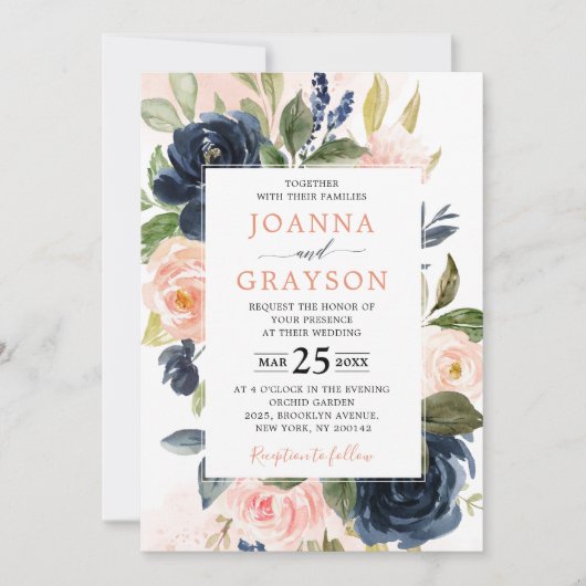 Navy Blue Blush Pink Rose Boho Geometric Wedding Kaart (Voorkant)