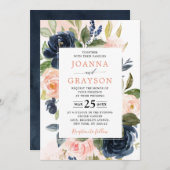 Navy Blue Blush Pink Rose Boho Geometric Wedding Kaart (Voorkant / Achterkant)