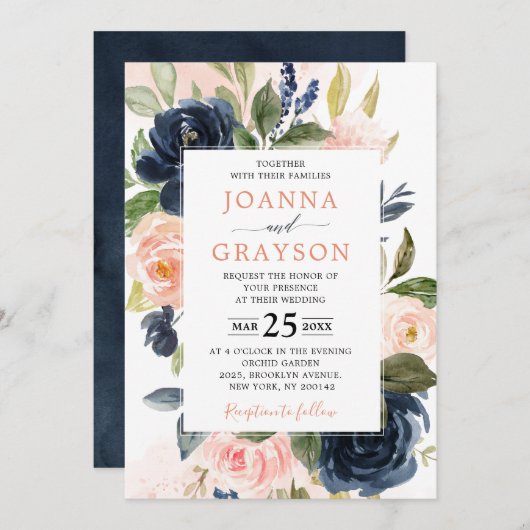 Navy Blue Blush Pink Rose Boho Geometric Wedding Kaart (Voorkant / Achterkant)