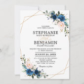 Navy Blue Blush Pink Rose Boho Geometric Wedding Kaart (Voorkant)