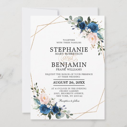 Navy Blue Blush Pink Rose Boho Geometric Wedding Kaart (Voorkant)