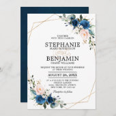 Navy Blue Blush Pink Rose Boho Geometric Wedding Kaart (Voorkant / Achterkant)