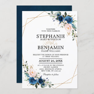 Navy Blue Blush Pink Rose Boho Geometric Wedding Kaart