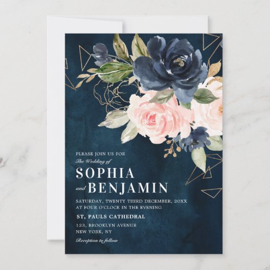 Navy Blue Blush Pink Rose Boho Geometric Wedding Kaart (Voorkant)