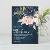 Navy Blue Blush Pink Rose Boho Geometric Wedding Kaart (Staand voorkant)