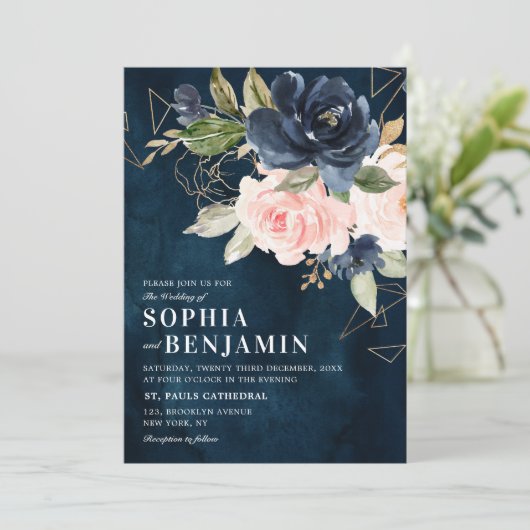 Navy Blue Blush Pink Rose Boho Geometric Wedding Kaart (Staand voorkant)