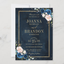 Navy Blue Blush Pink Rose Boho Geometric Wedding Kaart