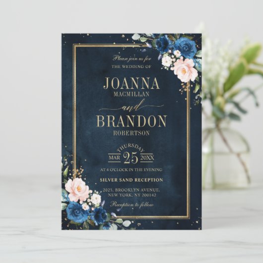 Navy Blue Blush Pink Rose Boho Geometric Wedding Kaart (Staand voorkant)