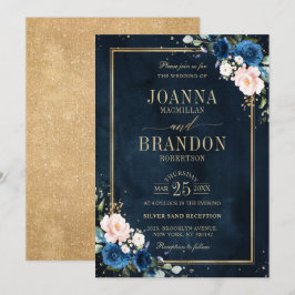 Navy Blue Blush Pink Rose Boho Geometric Wedding Kaart