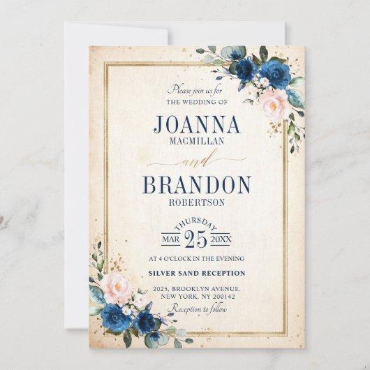 Navy Blue Blush Pink Rose Boho Geometric Wedding Kaart (Voorkant)