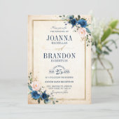 Navy Blue Blush Pink Rose Boho Geometric Wedding Kaart (Staand voorkant)