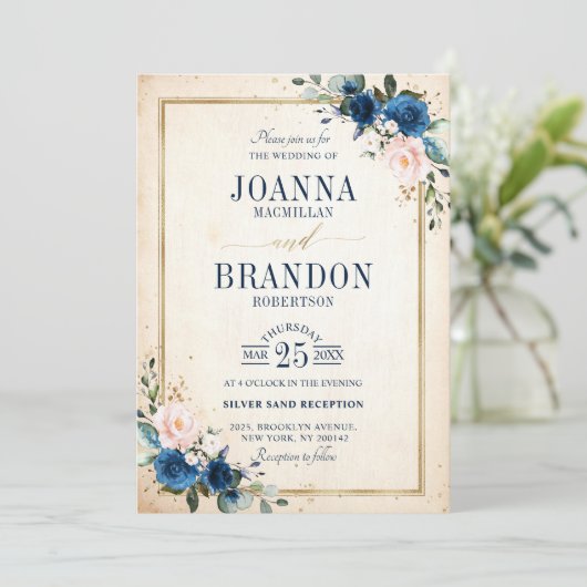 Navy Blue Blush Pink Rose Boho Geometric Wedding Kaart (Staand voorkant)