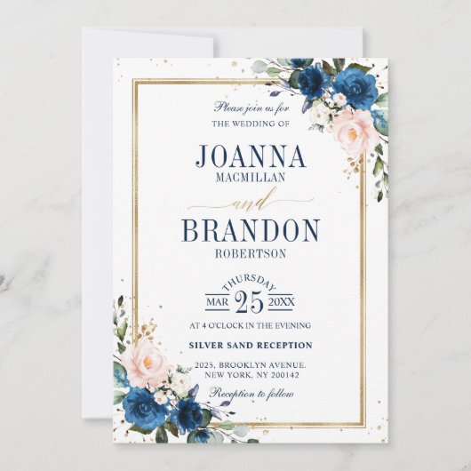 Navy Blue Blush Pink Rose Boho Geometric Wedding Kaart (Voorkant)