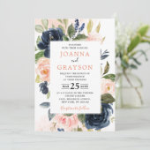 Navy Blue Blush Pink Rose Boho Geometric Wedding Kaart (Staand voorkant)