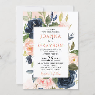Navy Blue Blush Pink Rose Boho Geometric Wedding Kaart