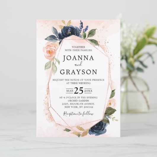 Navy Blue Blush Pink Rose Boho Geometric Wedding Kaart (Staand voorkant)