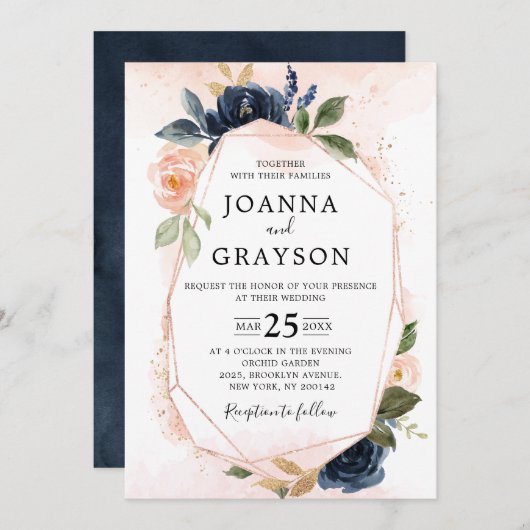 Navy Blue Blush Pink Rose Boho Geometric Wedding Kaart (Voorkant / Achterkant)