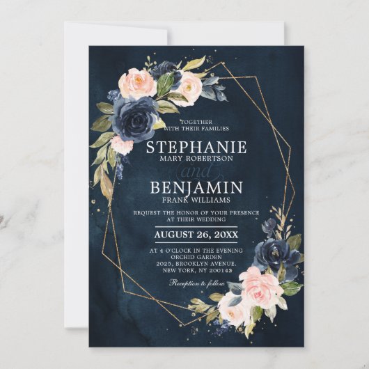 Navy Blue Blush Pink Rose Boho Geometric Wedding Kaart (Voorkant)