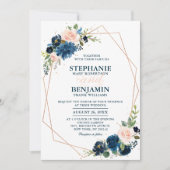 Navy Blue Blush Pink Rose Boho Geometric Wedding Kaart (Voorkant)