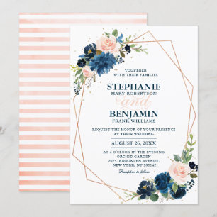 Navy Blue Blush Pink Rose Boho Geometric Wedding Kaart