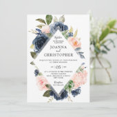 Navy Blue Blush Pink Rose Boho Geometric Wedding Kaart (Staand voorkant)