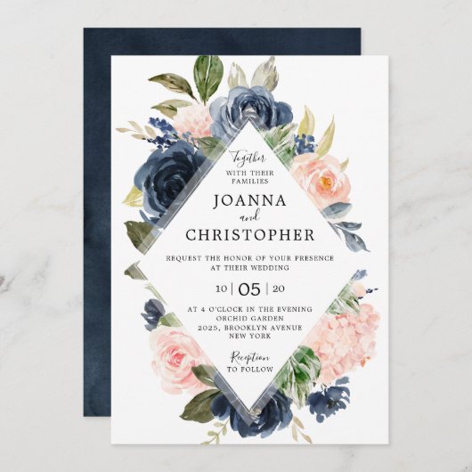 Navy Blue Blush Pink Rose Boho Geometric Wedding Kaart (Voorkant / Achterkant)