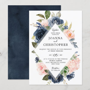 Navy Blue Blush Pink Rose Boho Geometric Wedding Kaart