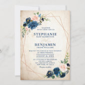 Navy Blue Blush Pink Rose Boho Geometric Wedding Kaart (Voorkant)
